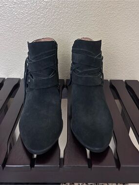 Franco Sarto Black Suede Ankle Booties with Wrap Strap Detail